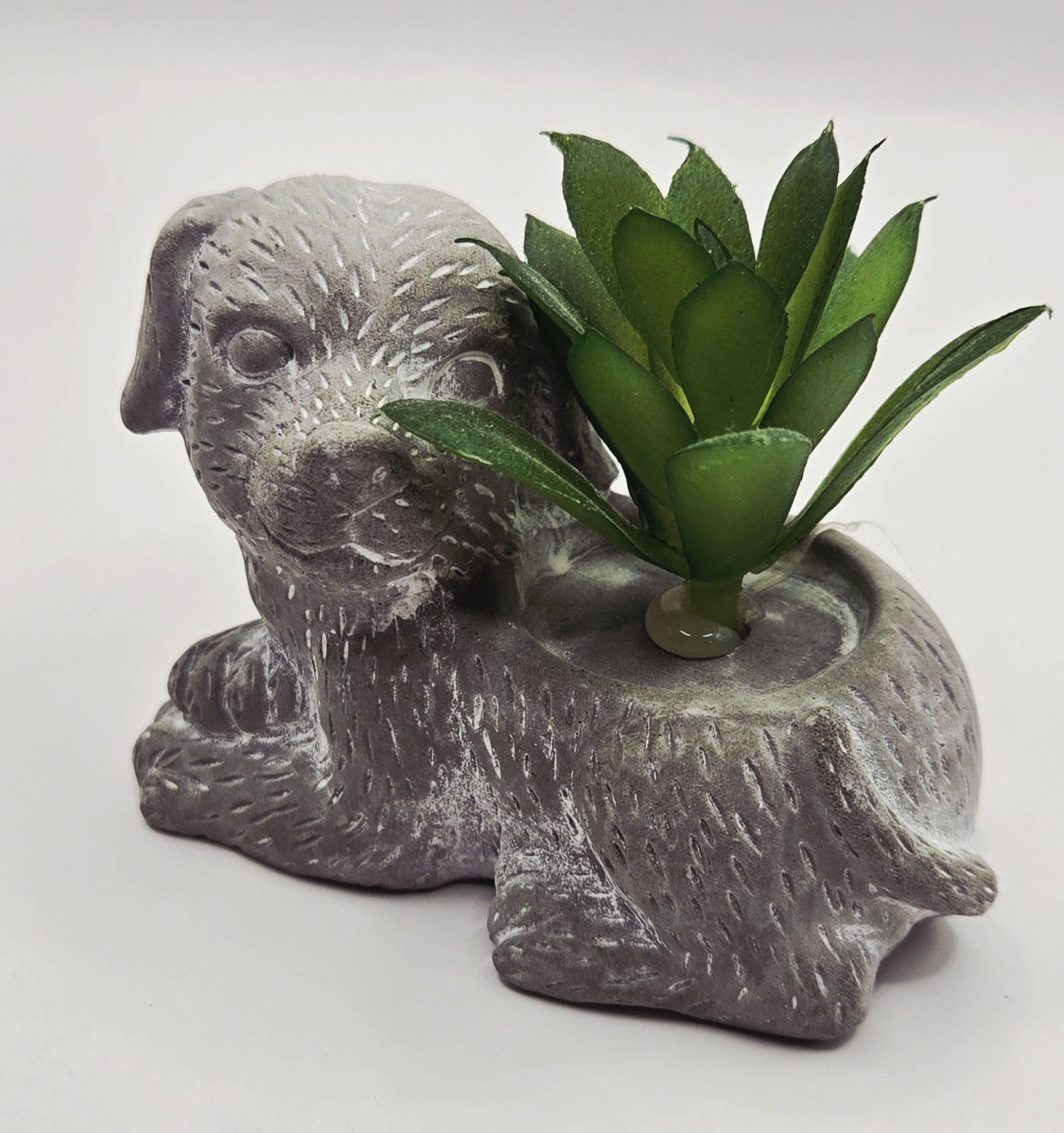 Cute Shaggy Puppy Dog Planter with Artificial Succulent Mini Decor Grey