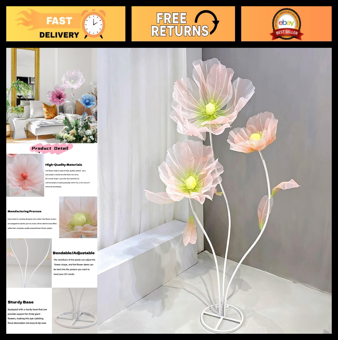 5.58 Ft Adjustable 3D Silk Faux Giant Flowers – Waterproof Decor for Party, Wedd