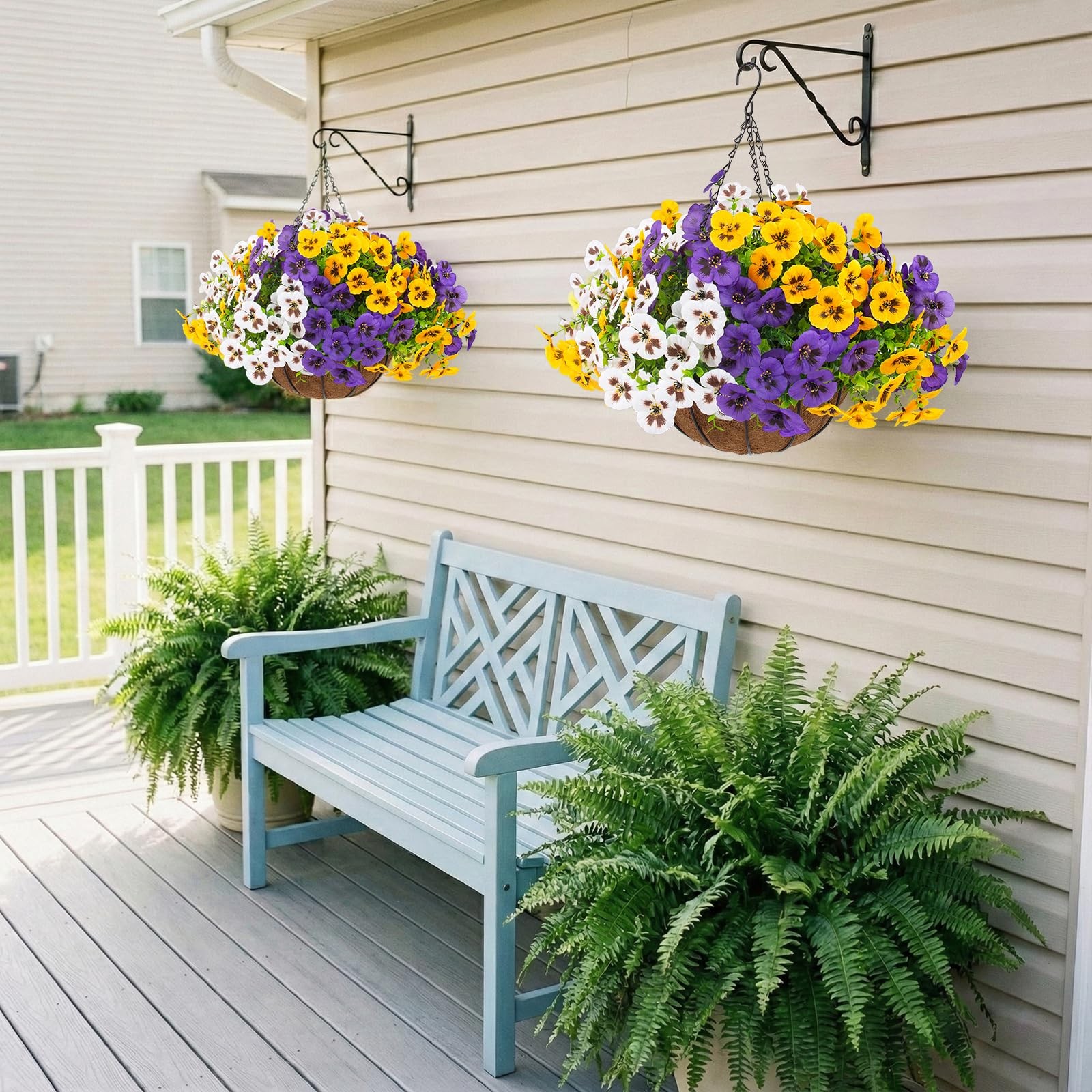 2 Sets Artificial Hanging Pansy Flowers with Baskets, 24 Pcs UV Resistant Fau…