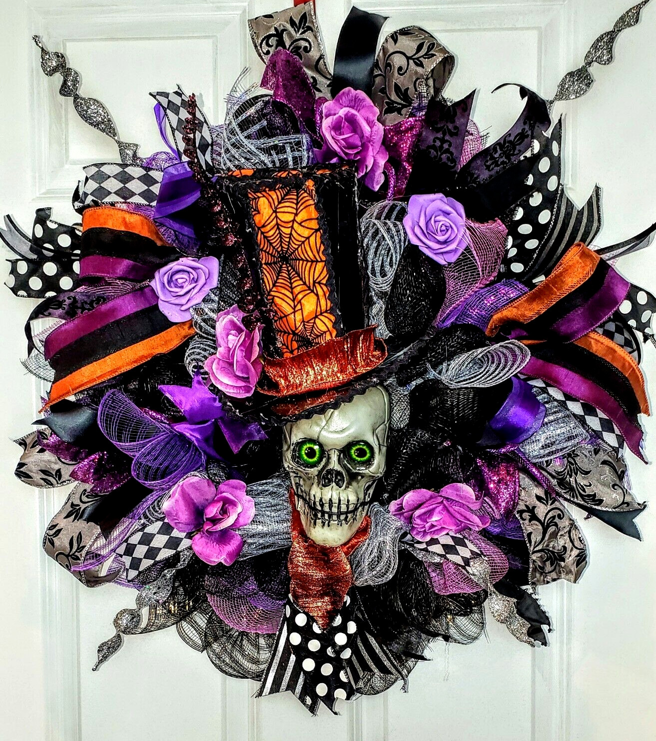 Halloween Wreath Decoration Large Deco Mesh Skull Top Hat Front Door Decoration