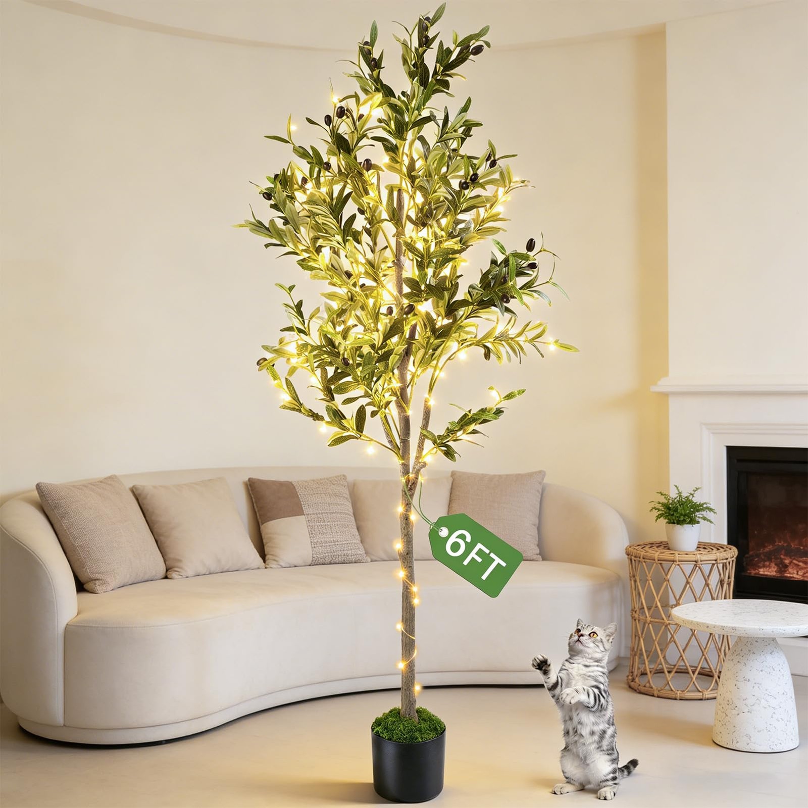 Artificial Olive Trees, 6FT Tall Faux Olive Tree with Lights Moss and Planter…