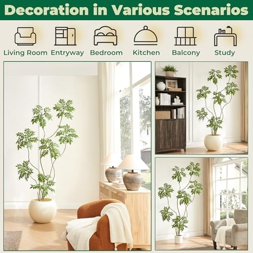 6.5FT Artificial Sumac Tree with White Pot, Tall Faux Plants Indoor, 6ft 6in