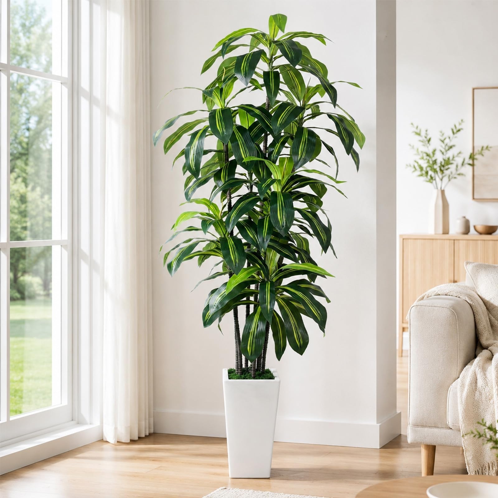 7FT Artificial Dracaena Tree – Tall Fake Plant with White Planter for Home Decor