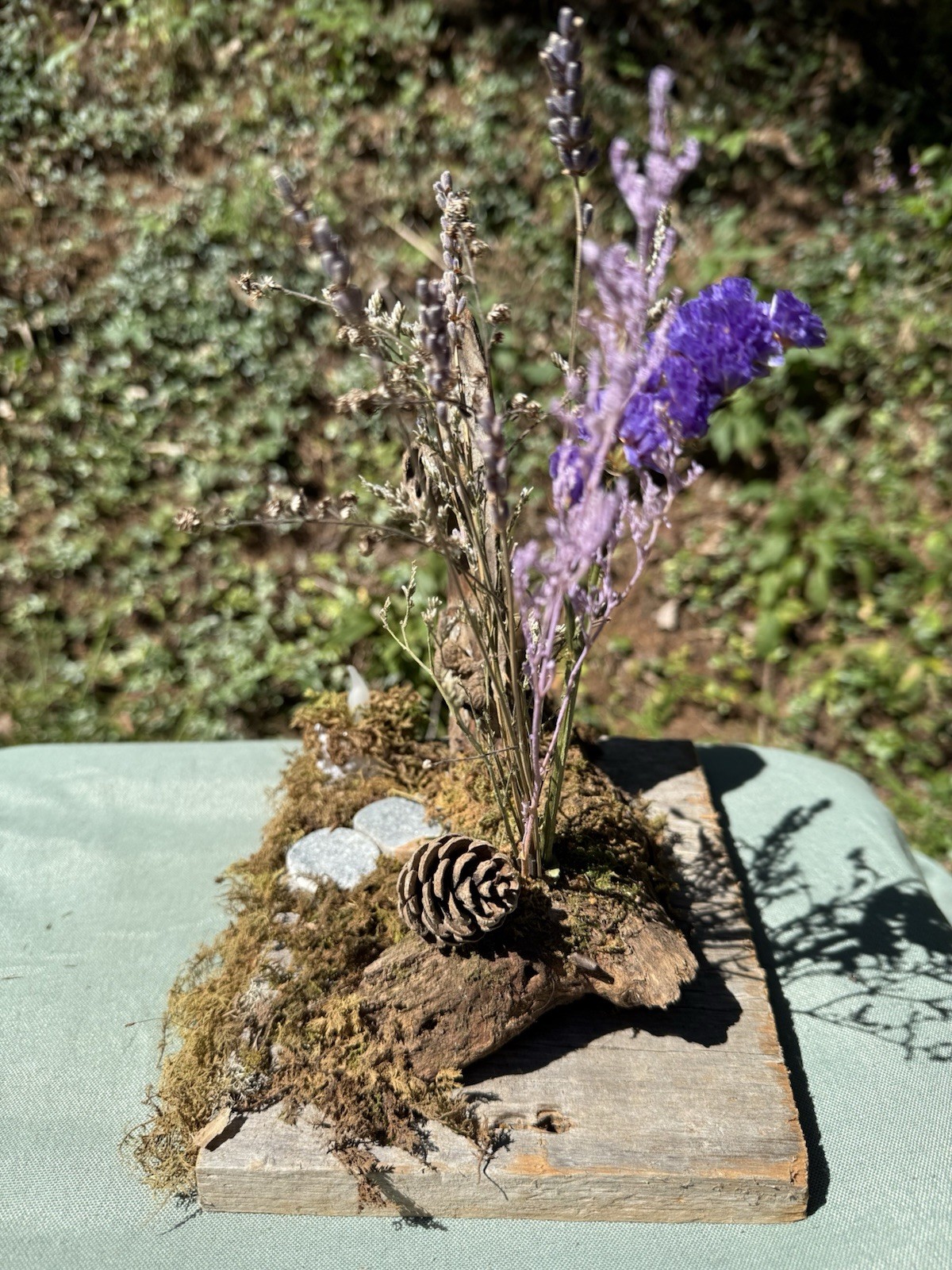 Fairy Door Forest Arrangement With Dried Flowers, Stepping Stones And Candle