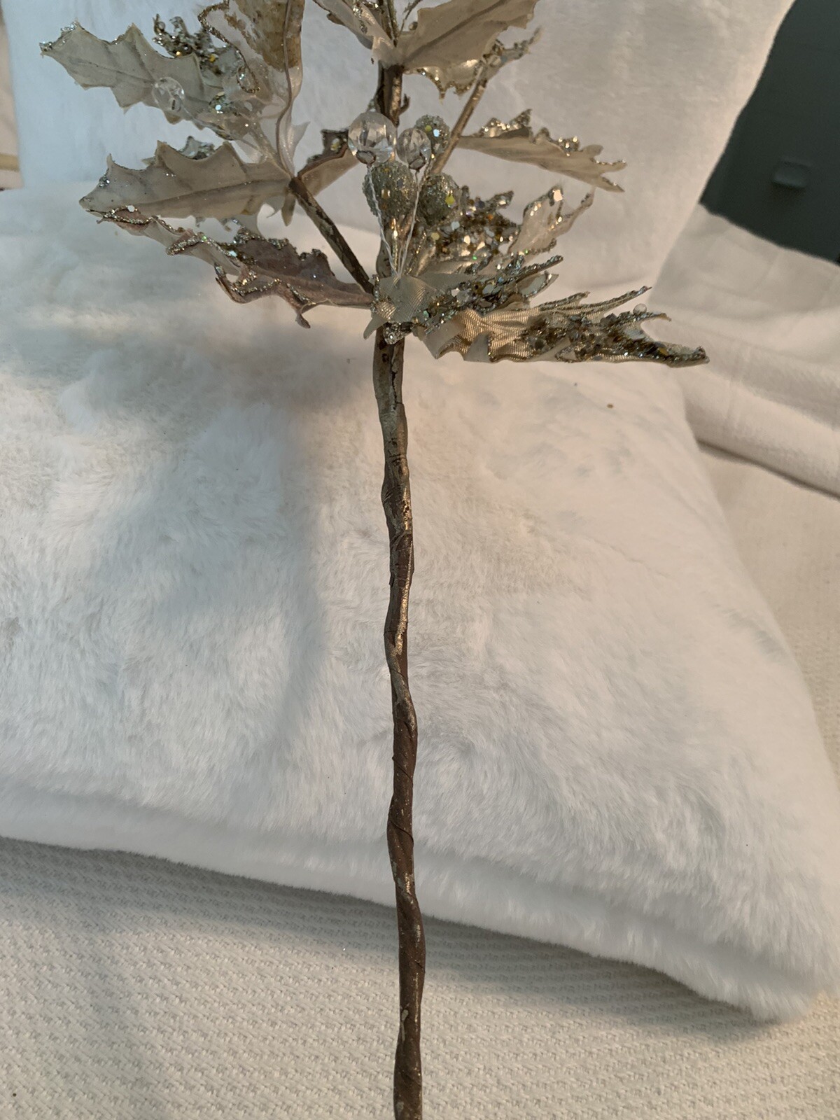 30” Leaf Cluster Floral Stem Decor Platinum Jeweled Glitter Christmas Wedding