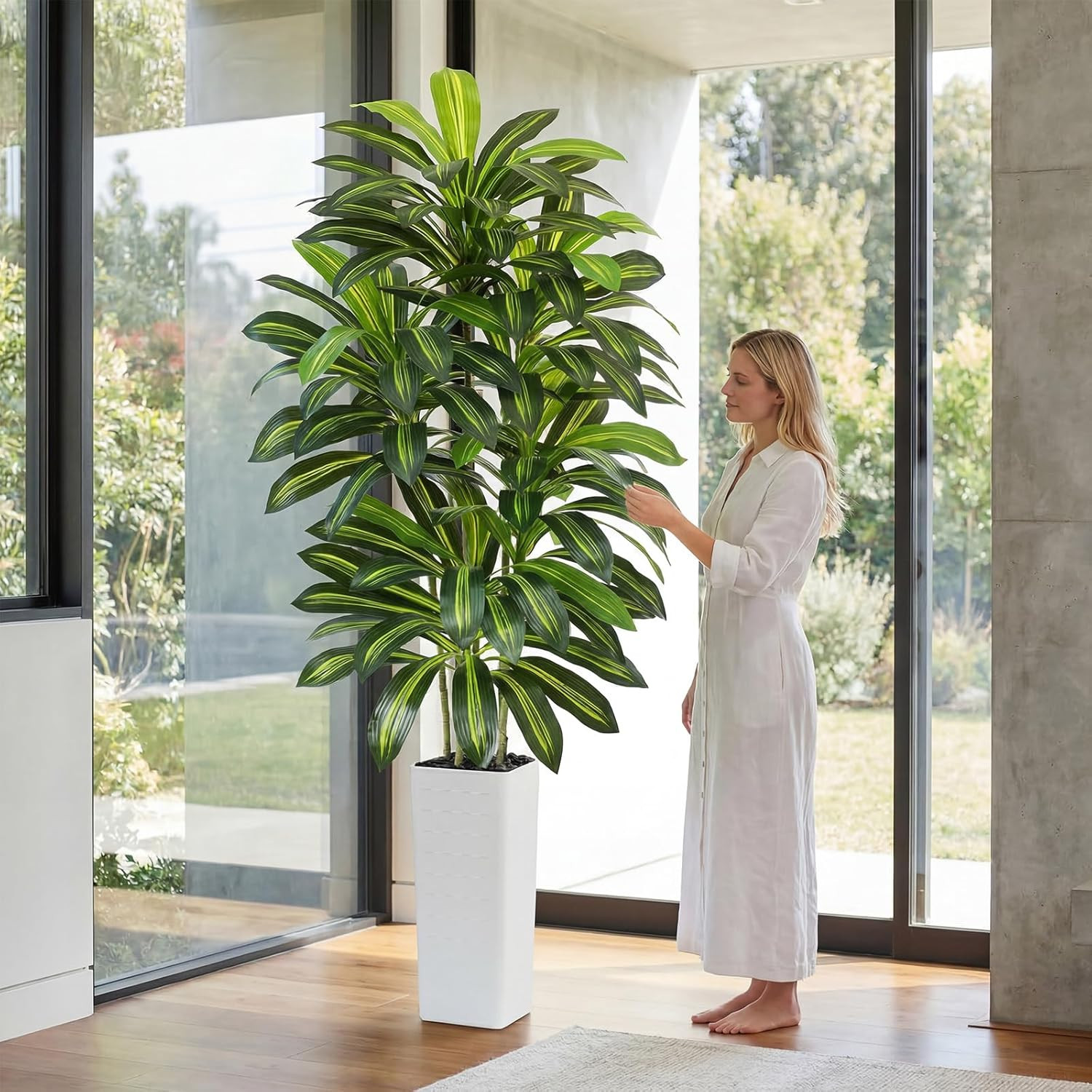 Artificial Dracaena Tree – 7FT Tall Fake Plants with White Tall Planter – Artifi
