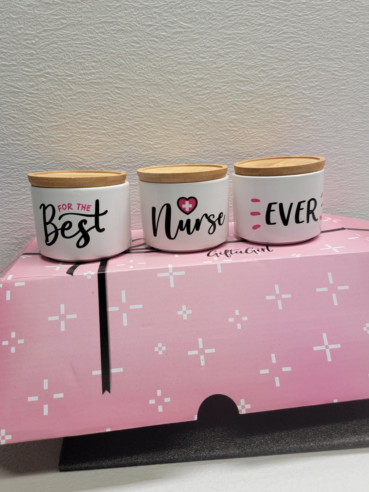 Best Nurse Ever Succulent Planter Set 3 Ceramic Pots Bamboo Trays NEW Gift
