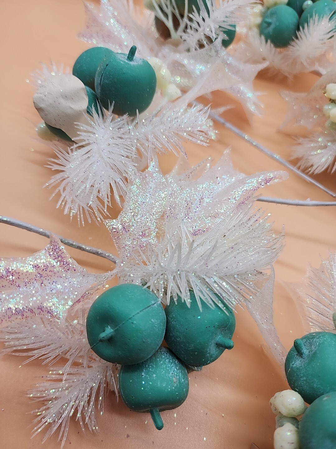 Lot of 11 Regency International Glittery 7″ Teal Apple Christmas Spray Stems NOS