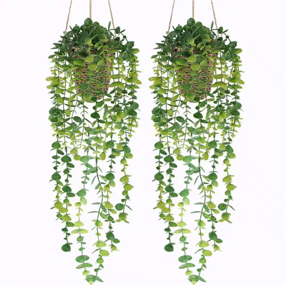 20.87 In. Green Fake Hanging Plant with Woven Basket, Artificial Vines Eucalyptu