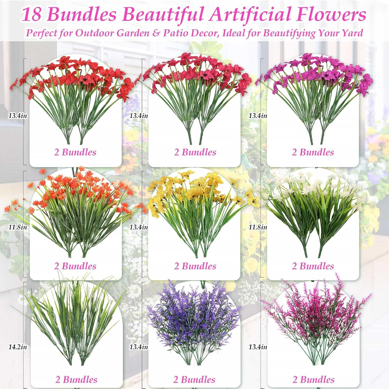 18 Bundles Artificial Flowers & Plants for Outdoors UV Resistant | Realistic Fak
