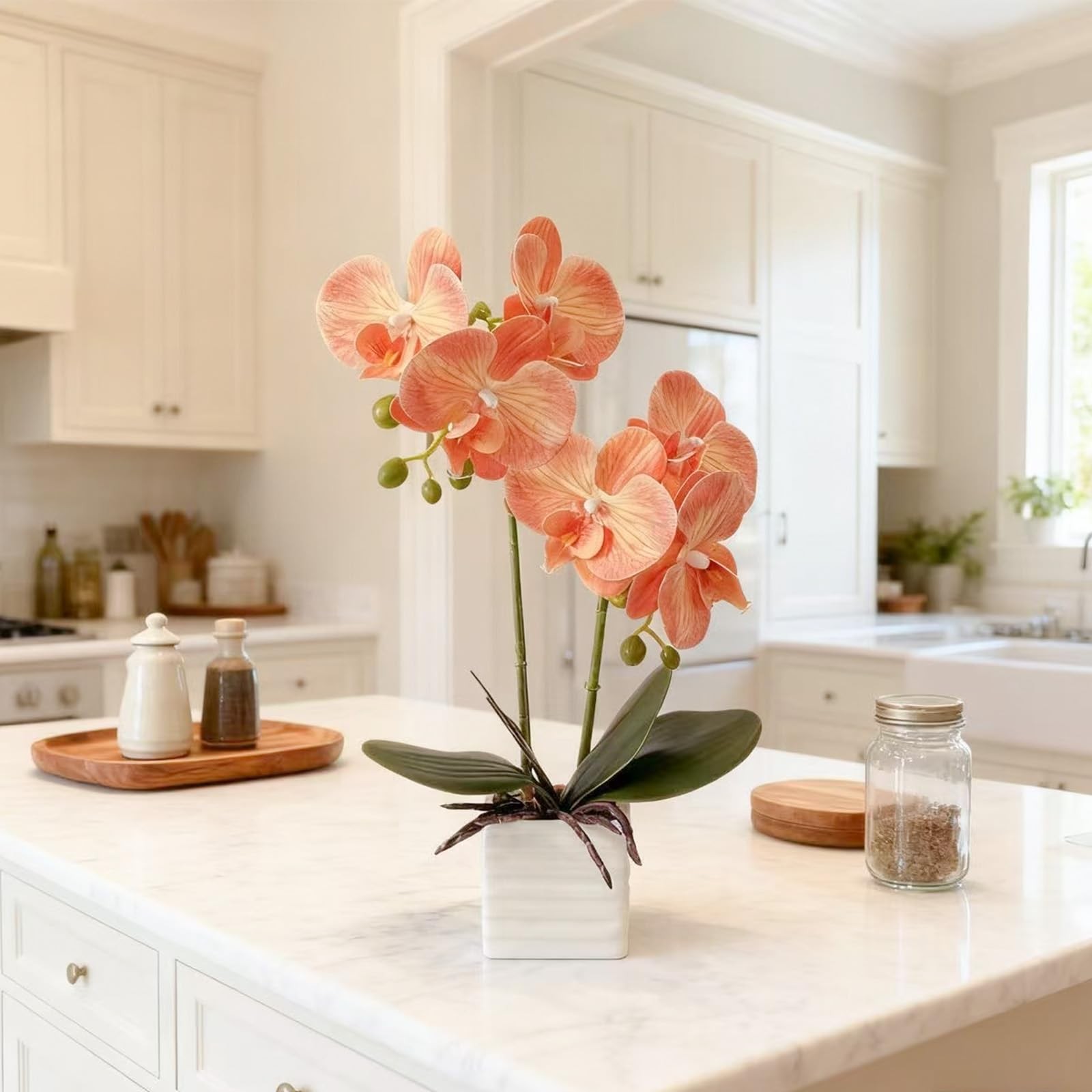 14″ Tall Artificial Indoor Orchids For Home Decor Orange Silk Flowers Vase