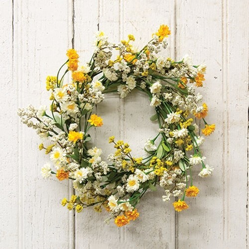 New PRIMITIVE CANDLE RING YELLOW CREAM Floral WREATH 6.5″ x 12″-14″ Cottage Chic