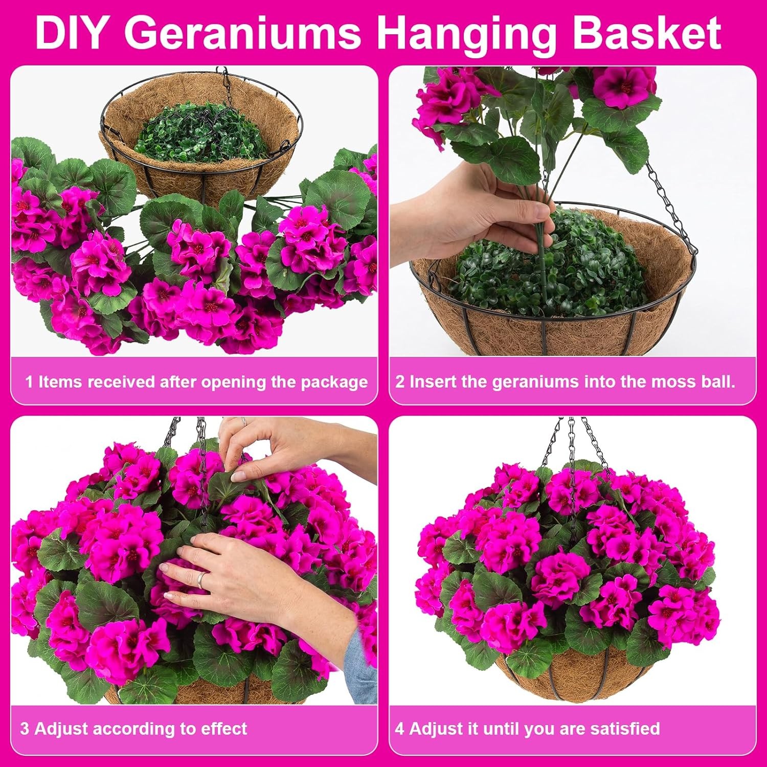 2 Set Artificial Outdoor Geraniums Flowers with Hanging Basket, 2 Hanging Plante