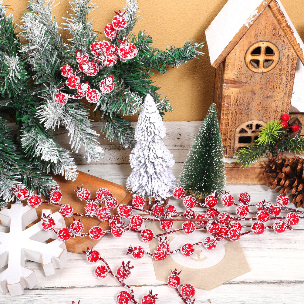 10PCS Frosted Stems Red Christmas Tree Decoration Fruit Lifelike