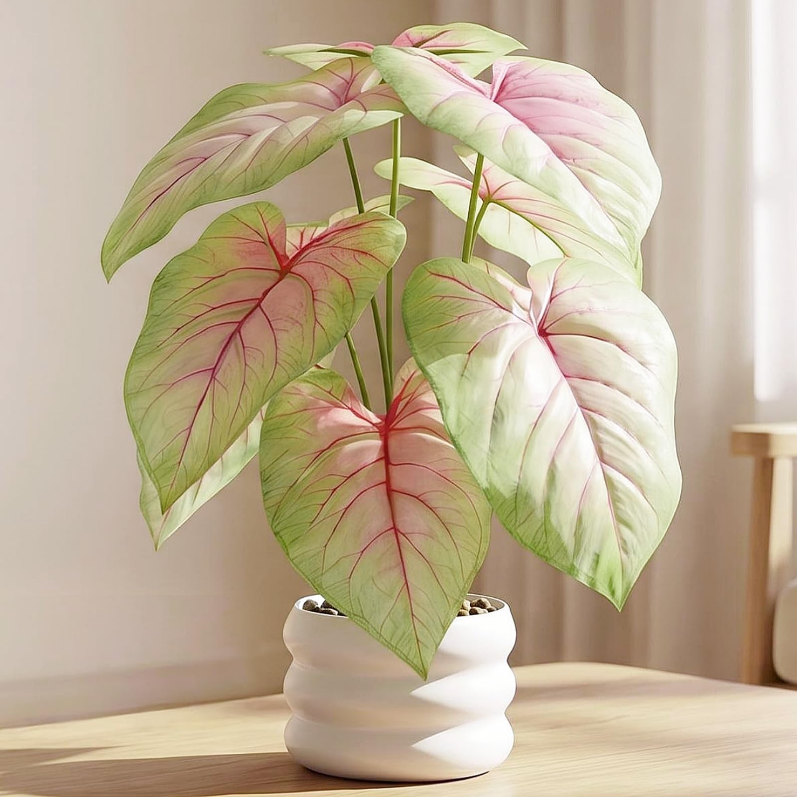Faux Caladium Bicolor Plants in White Pot, 15.7″ Tall Fake Alocasia Potted Se…