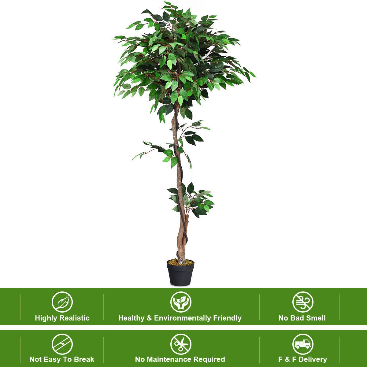 5.5-Feet Artificial Ficus Silk Tree Wood Trunks Green In/Outdoor Home Décor