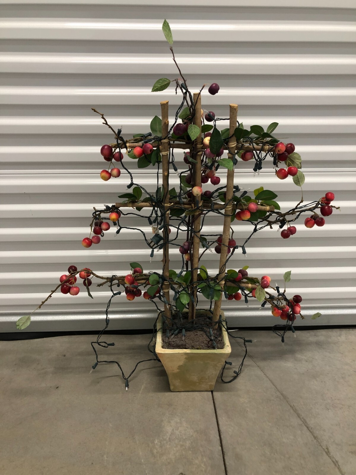 Lighted Faux Crabapple Tree on Bamboo Trellis, Decor Artificial Plant & Fruits
