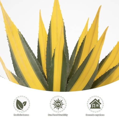 Artificial Green Edged Gold Leaf Spiny Agave Plant with3 Leaves Faux 19.68in 2