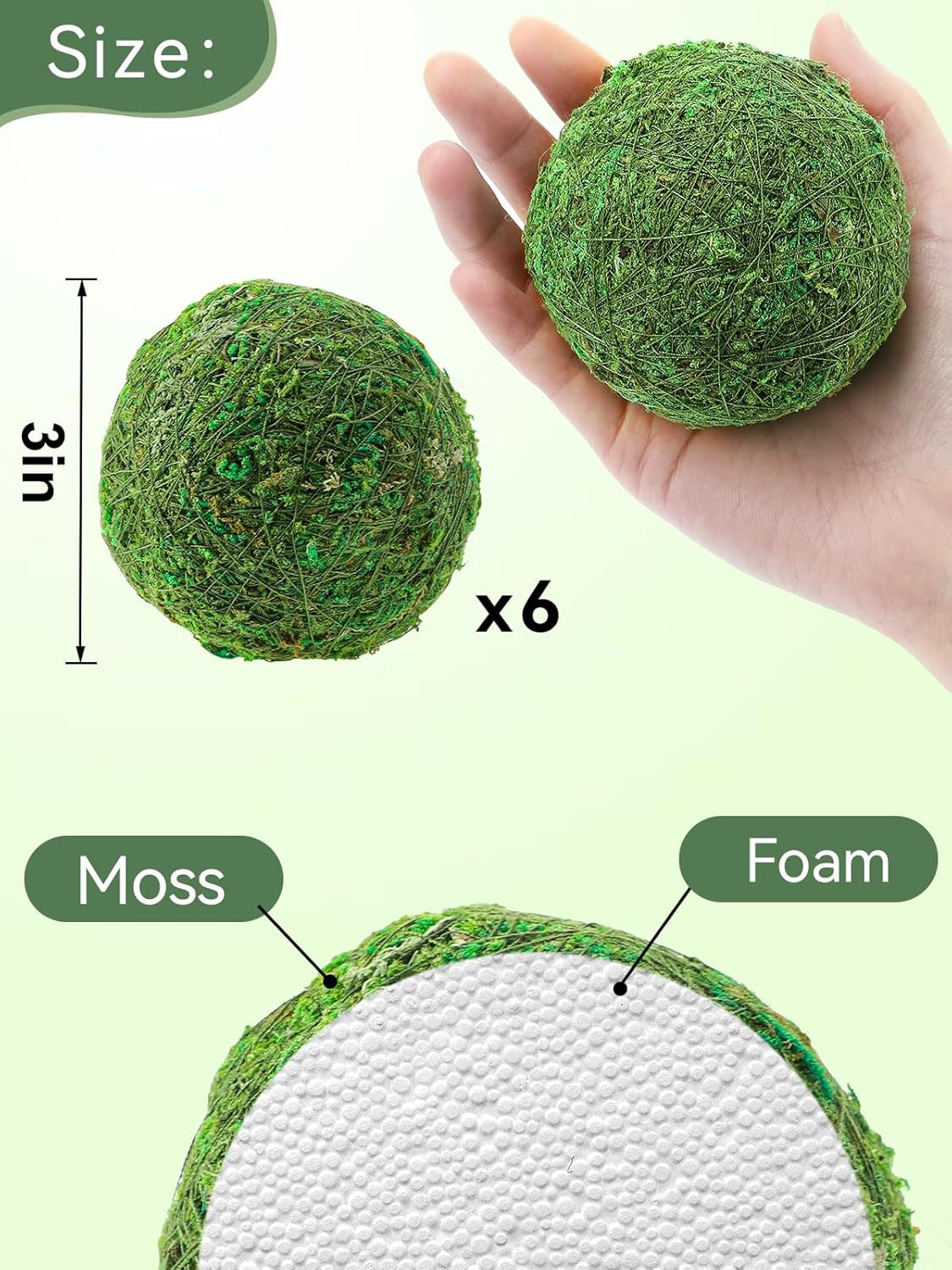 6Pack Decorative Faux Dried Moss Balls- 3″ Artificial Green Plant Mossy Globes H
