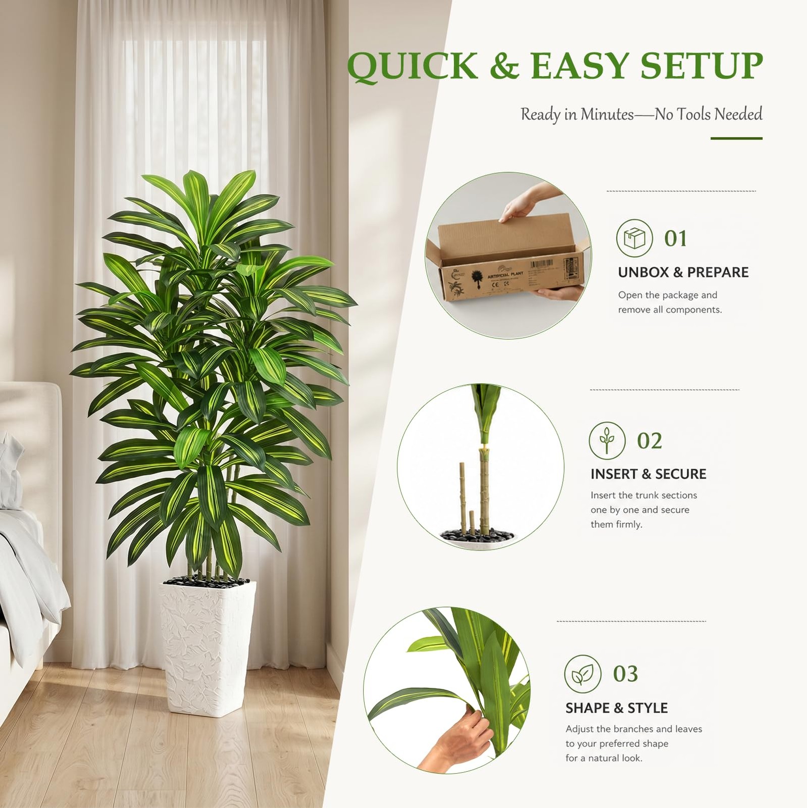 Artificial Dracaena Tree 5FT – Fake Tree with White Tall Planter – Artificial…