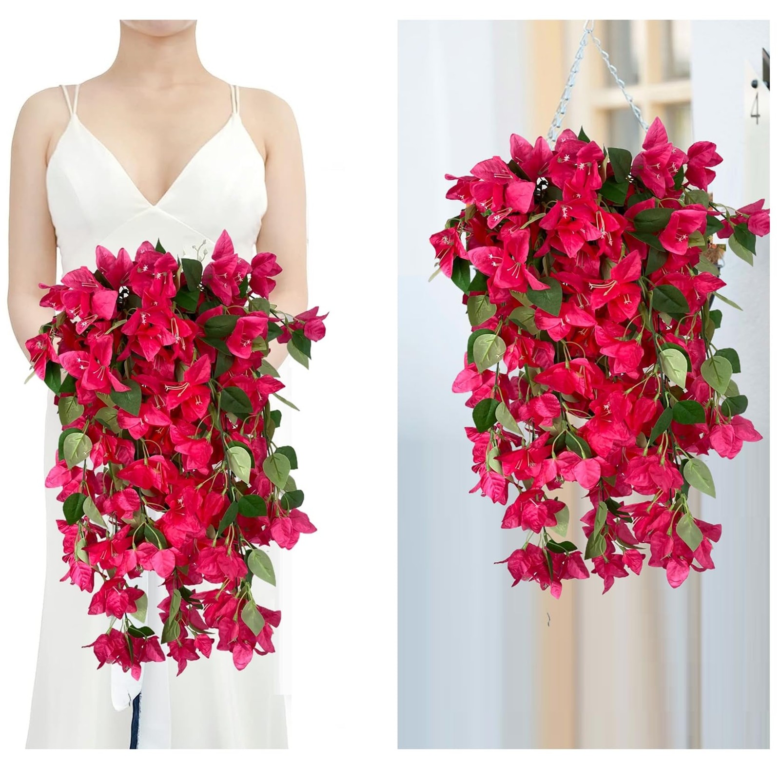 Artificial Hanging Flowers 28.35″ Silk Bougainvillea UV Resistant Faux Flower…