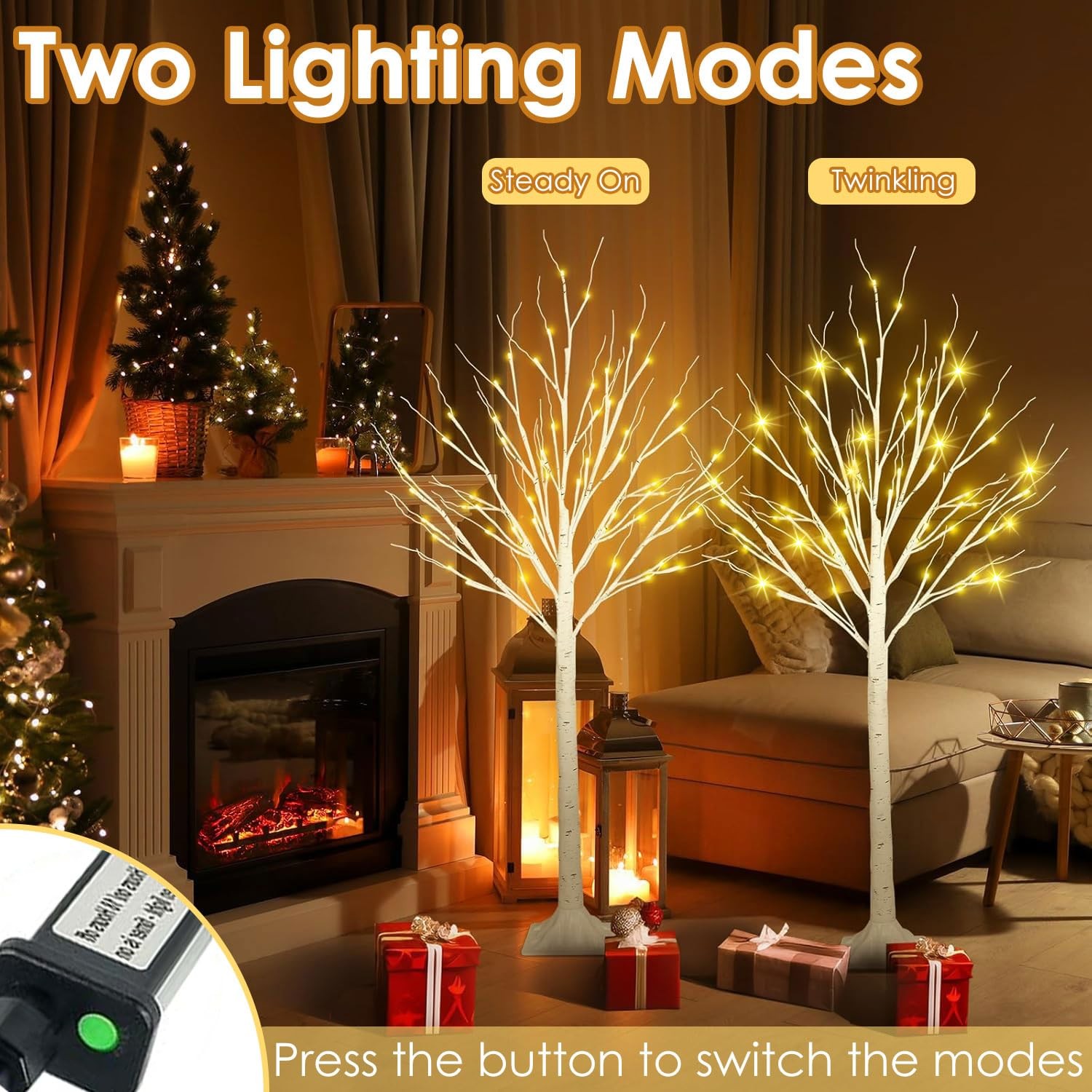 2-Pack 4FT Lighted Birch Trees (Higher Size & Floor Standing), 96 LED Twinkli…