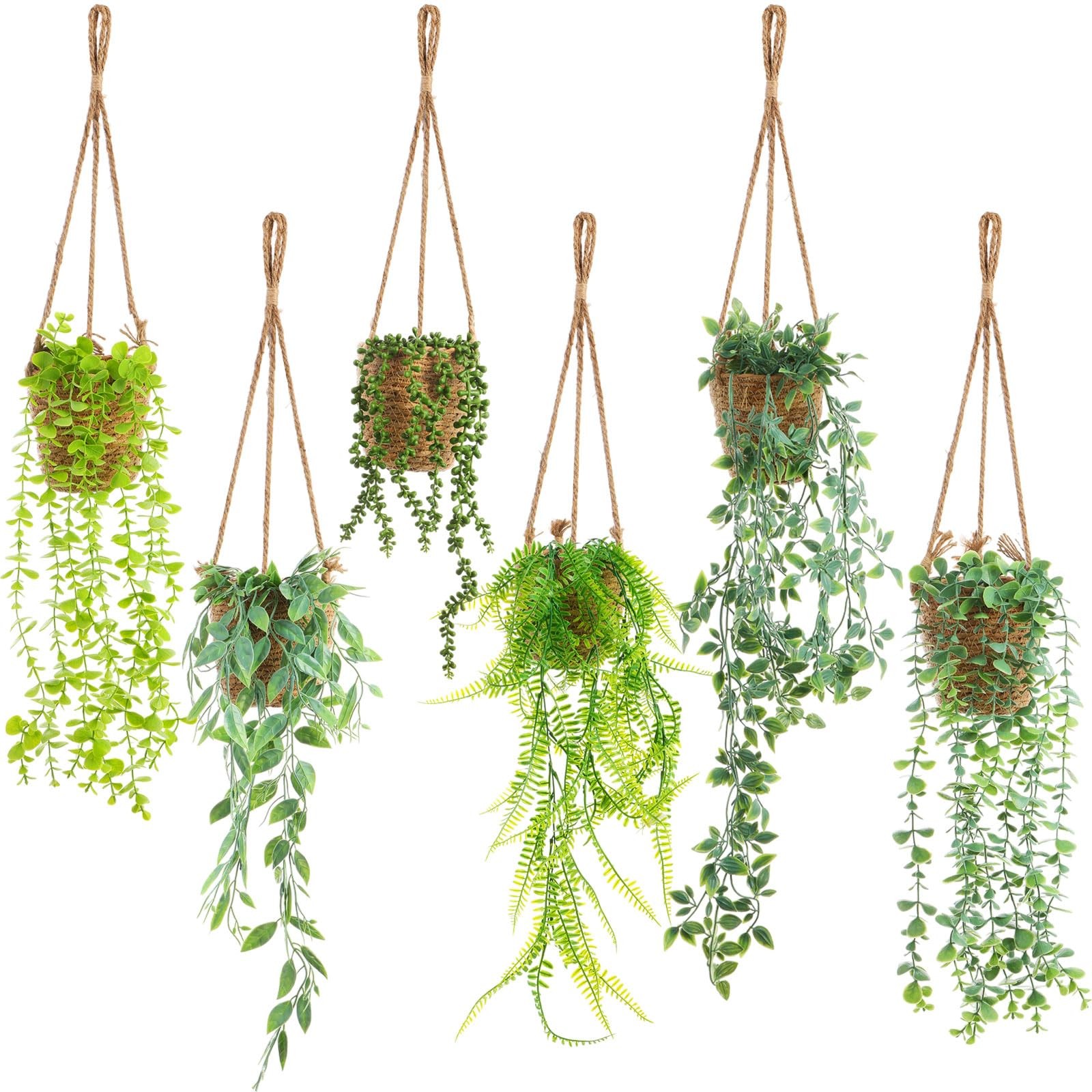 Summer Mini Hanging Artificial Plant with Woven Basket Boho Fake Plants Ivy F…