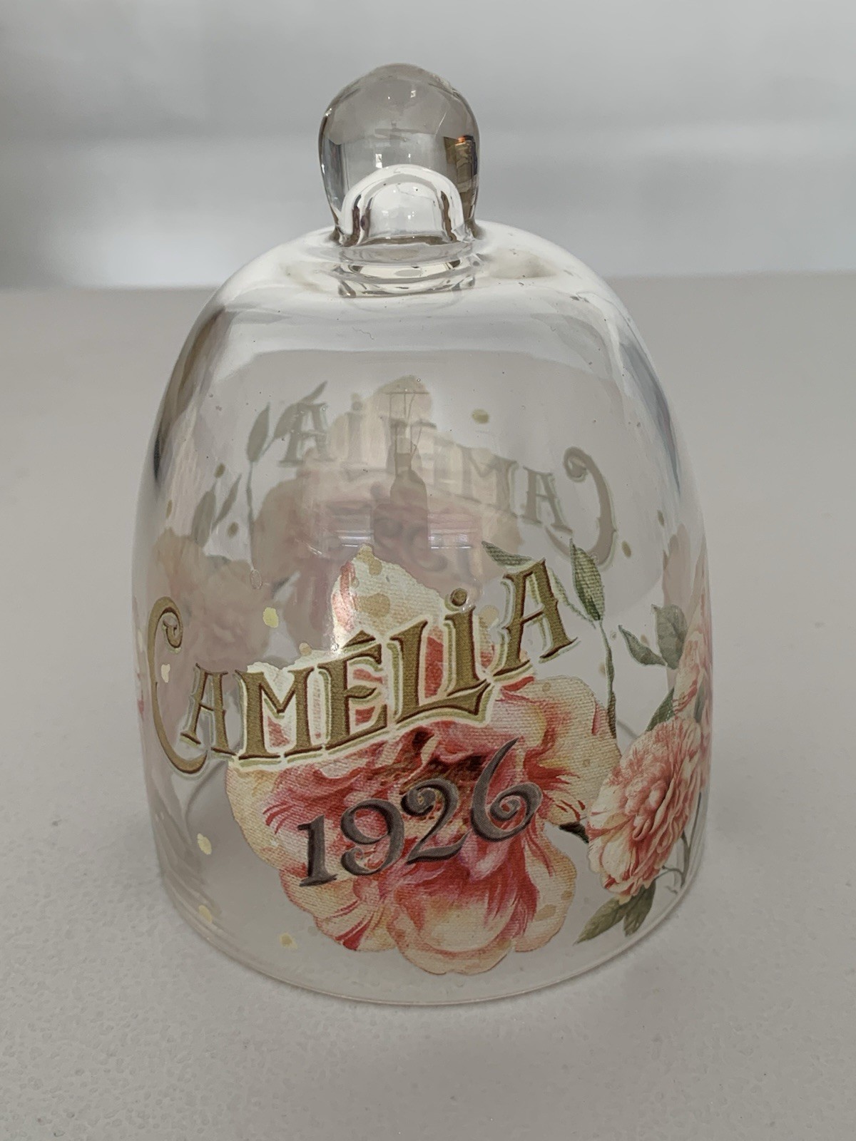 Vintage Style Clear Glass Bell Cloche Camelia 1926 Pink Rose Flower Display Dome