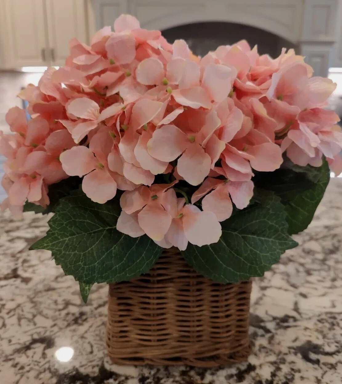 Valerie Parr Hill Faux Hydrangea Arrangement In Basket Peach Pink Floral Spring