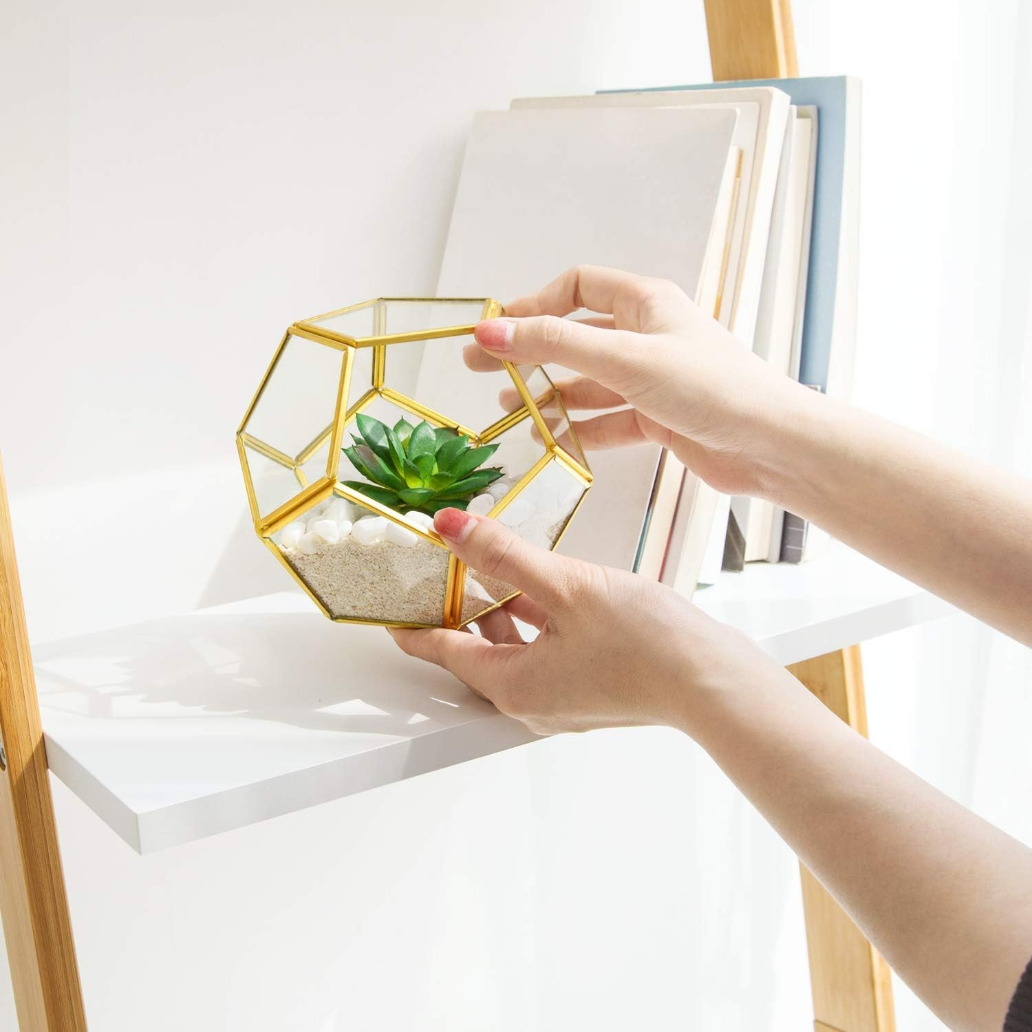 3 Pack Fake Succulents in Geometric Glass Terrarium Gold Office Decor | Lifelike