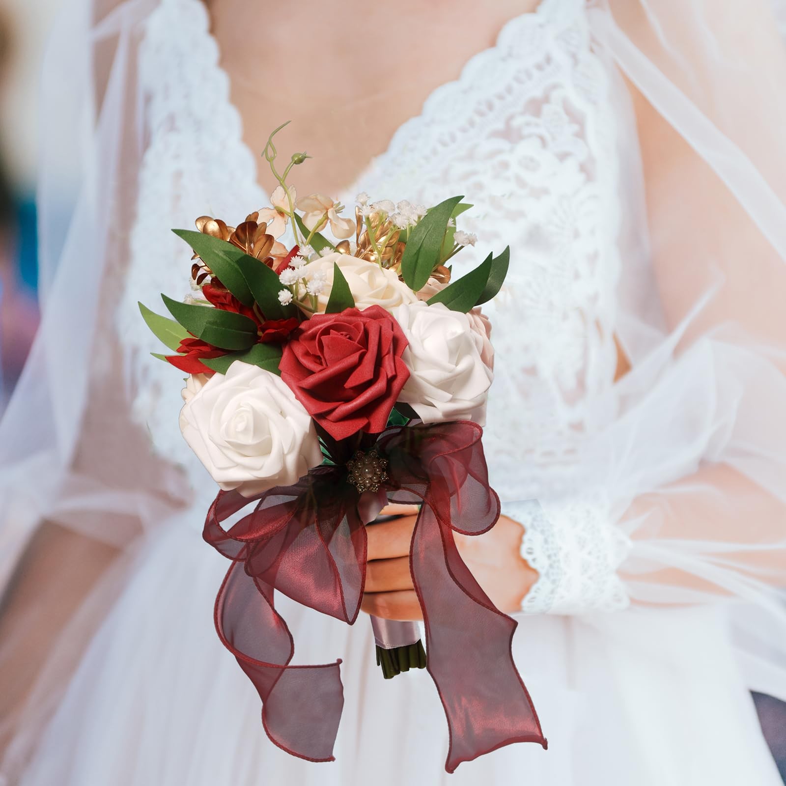 Burgundy White Silk Ribbon Artificial Toss Rose Wedding Bridesmaid Bouquet