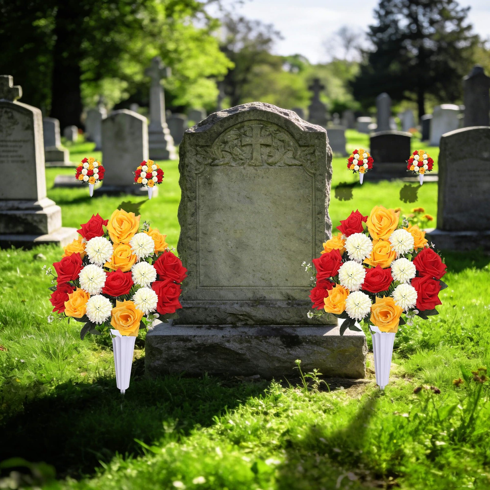 Set of 2 Artificial Bouquet Grave Memorial Flowers with Vase, Realistic Vibra…