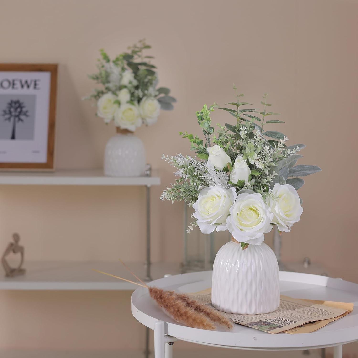 Artificial Flowers with Ceramic Vase,Faux Silk Roses and Fake Plant Eucalyptus