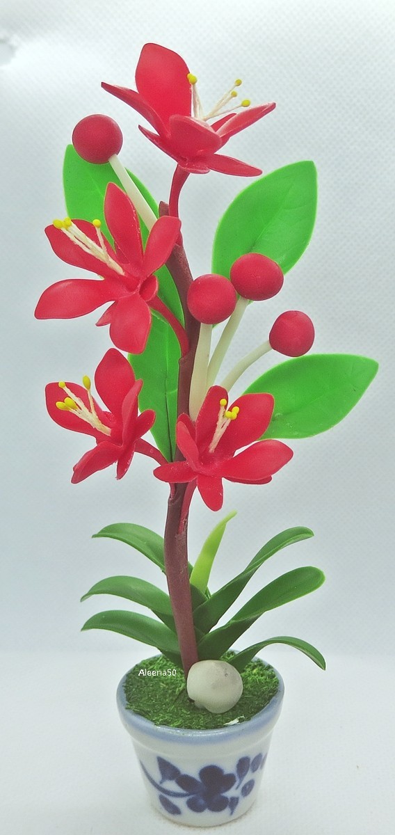 5.5″H Clay Handcrafted Miniature Red Ixora Flower Arranged in pot | Us Stock