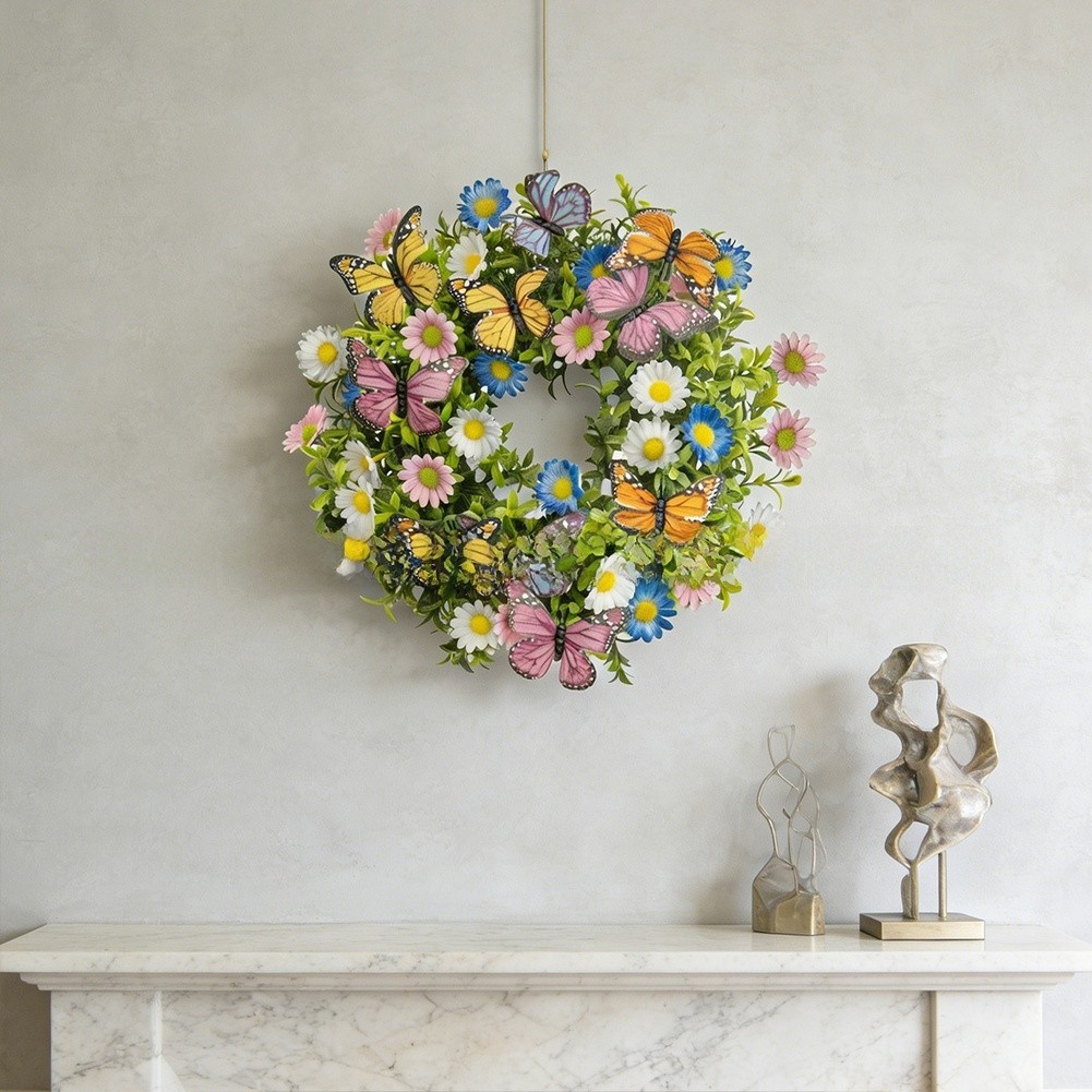 Lightweight 180g Spring Wreath Butterflies Daisies Eucalyptus 35cm For Home Use