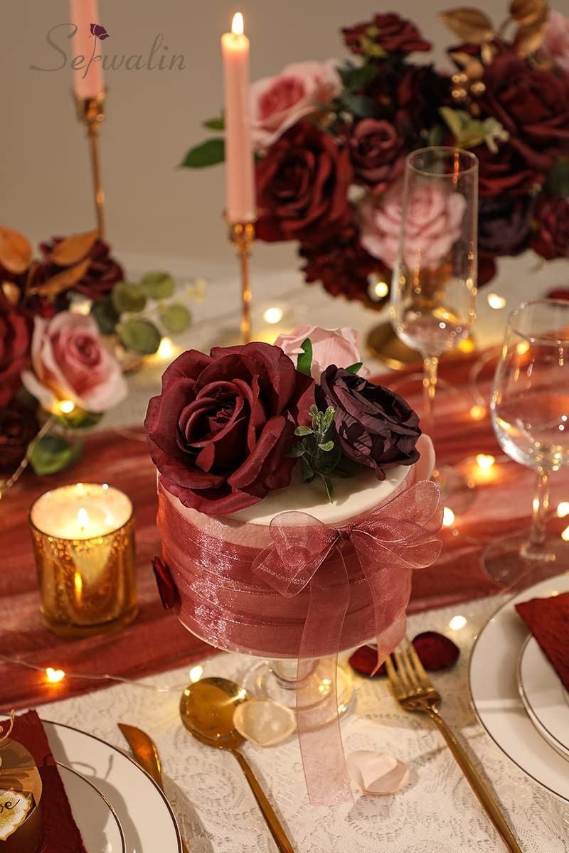 Burgundy Pink Artificial Silk Flowers Deep Red Cake Bridal Bouquet Centerpiece