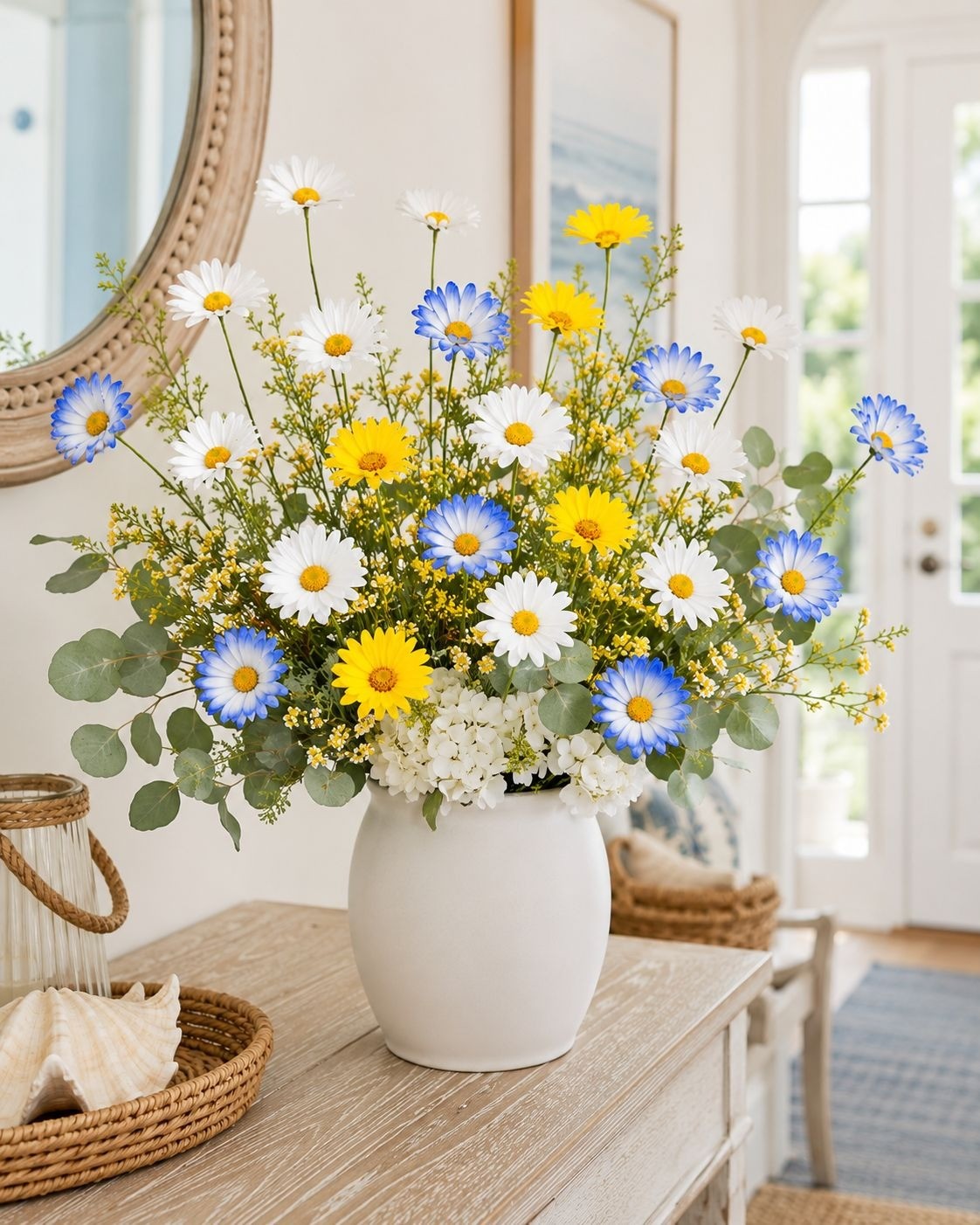 Mixed Color Artificial Daisy Stems Set of 7, Blue White Yellow Faux Silk Flowers