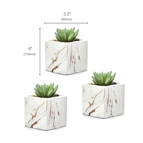 Nordik Square Marble Pots with Gold Vein Accents – Set of 3 Ceramic White Gold