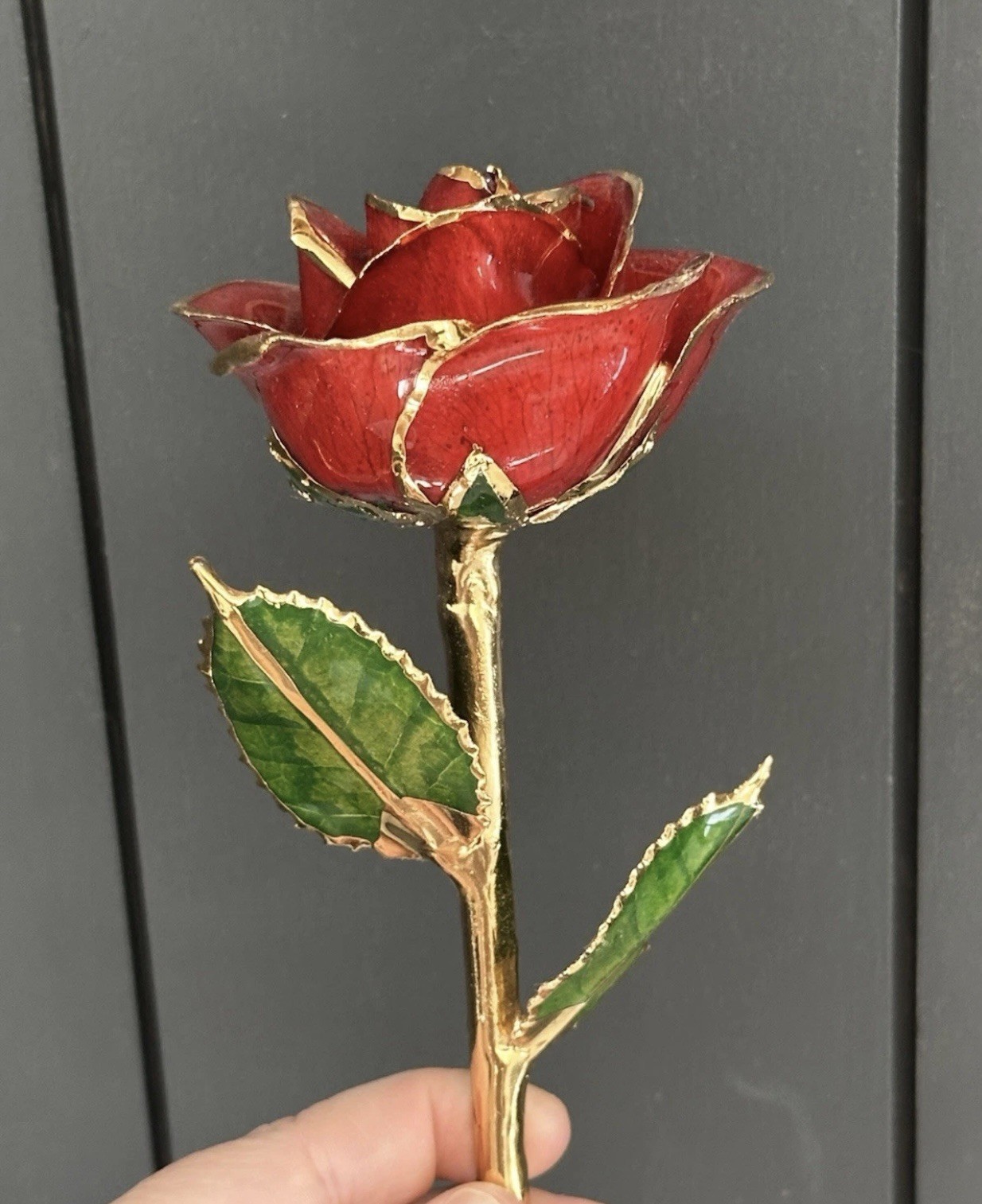 Steven Singer Jeweler Real Rose Preserved Dipped in 24 Karat Gold Red No Box 12”