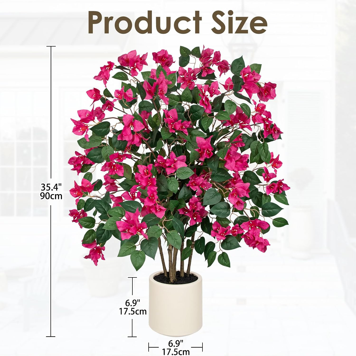 35.4In Artificial Bougainvillea Floral Tree in White Pot, Hot Pink Large Silk Fl