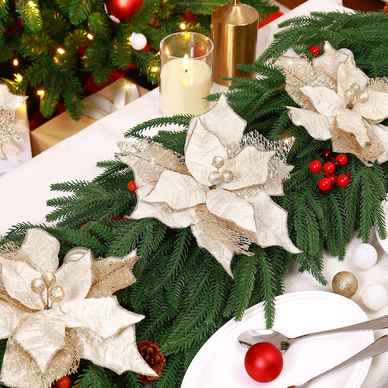 Alupssuc 10 PCS Poinsettia Christmas Flowers Artificial, Large Size 9 Inch Glitt