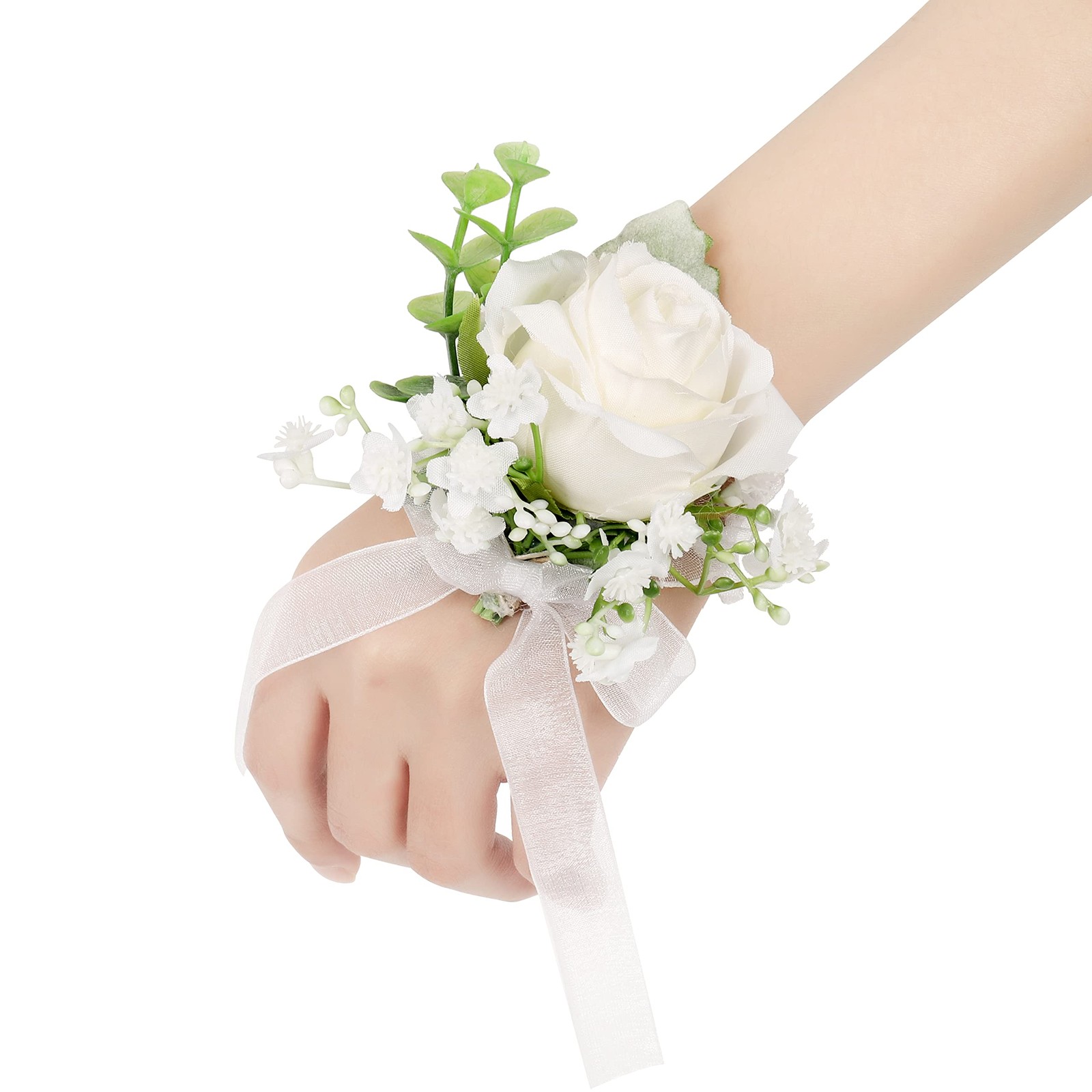 White Rose Wrist Corsages Wristlet Band Bracelet for Wedding,Set of 6, Ivory …