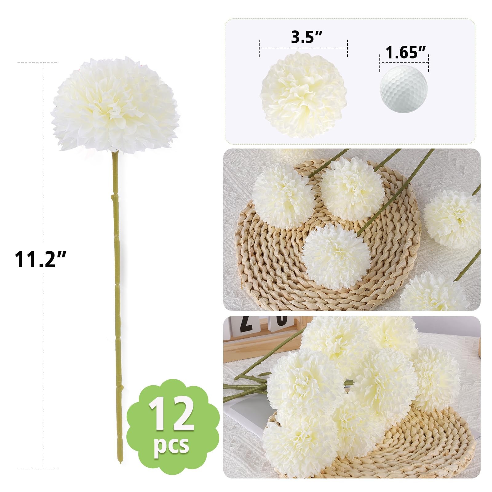 12 PCS Artificial Chrysanthemum Silk Ball White Flowers Fake Mums Decor