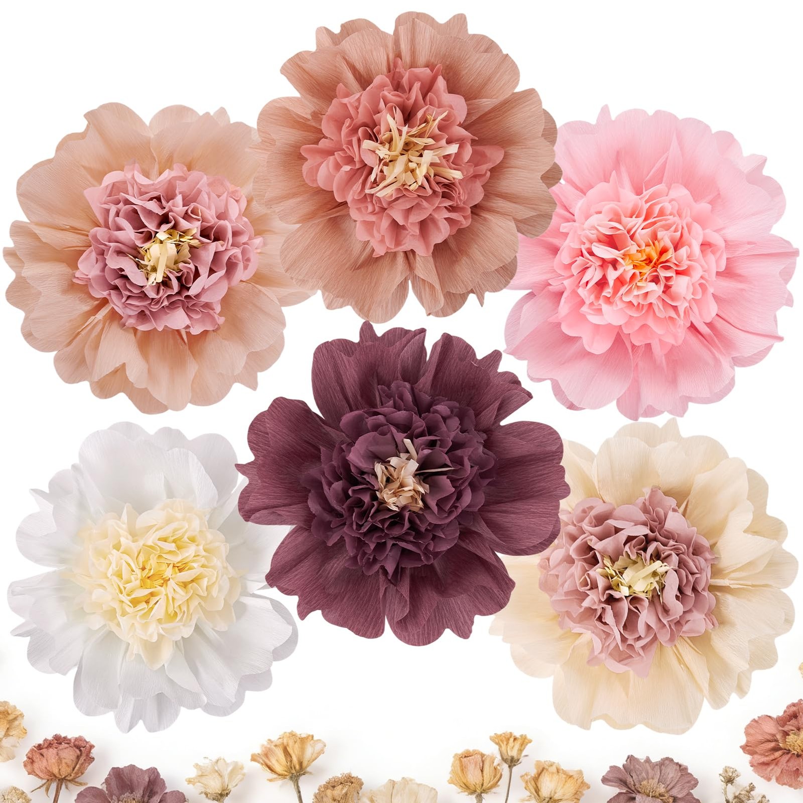 6 Pcs Large Boho Tissue Paper Flowers 12” Giant Crepe Paper Flowers Decorati…