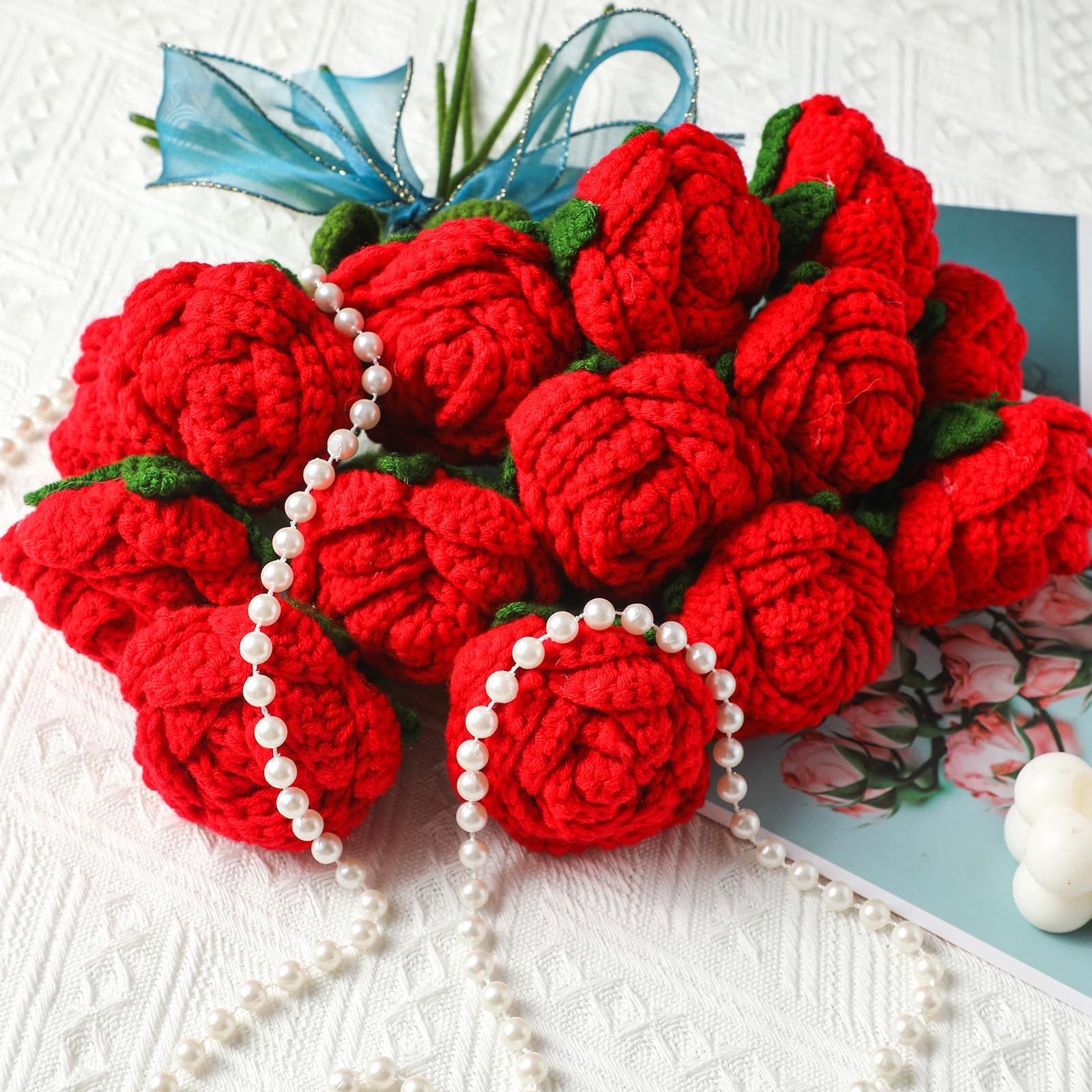 15 Pcs Valentine’s Day Crochet Flowers Handmade Artificial Knitted Rose Bouqu…
