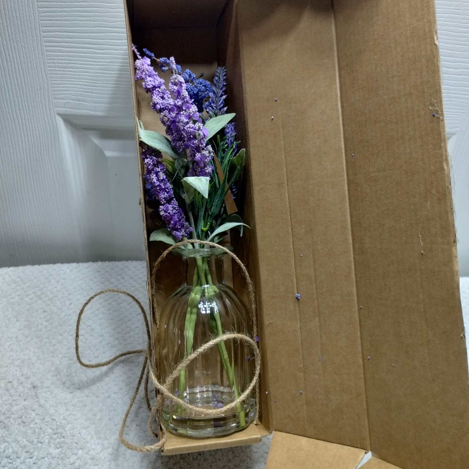 Artificial Lavender in Glass Vase Faux Water Blue Purple Silk Fake Flower Plant