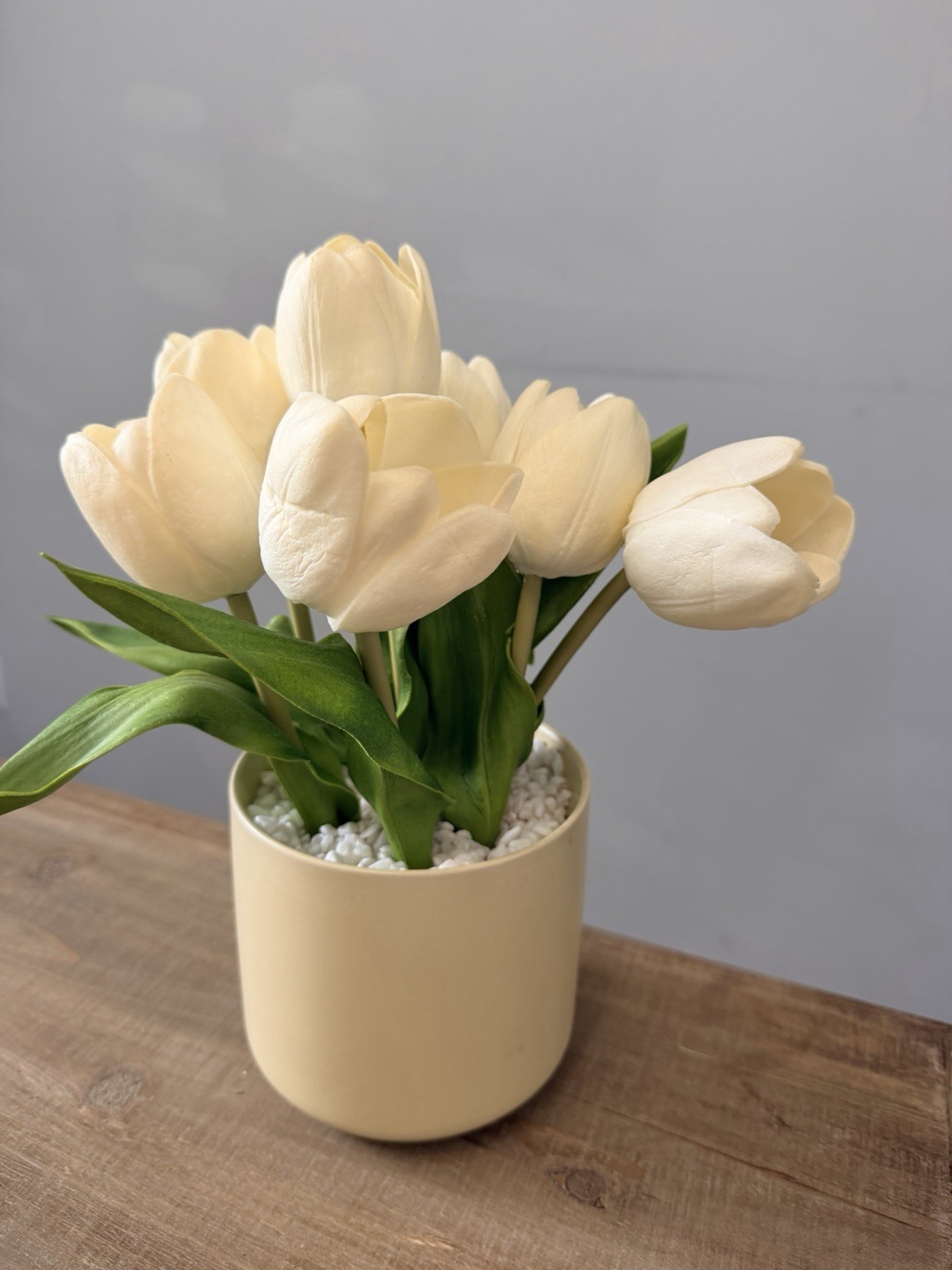 Artificial White Tulip Flower Arrangement & Centerpiece in Beige Pot, Plastic