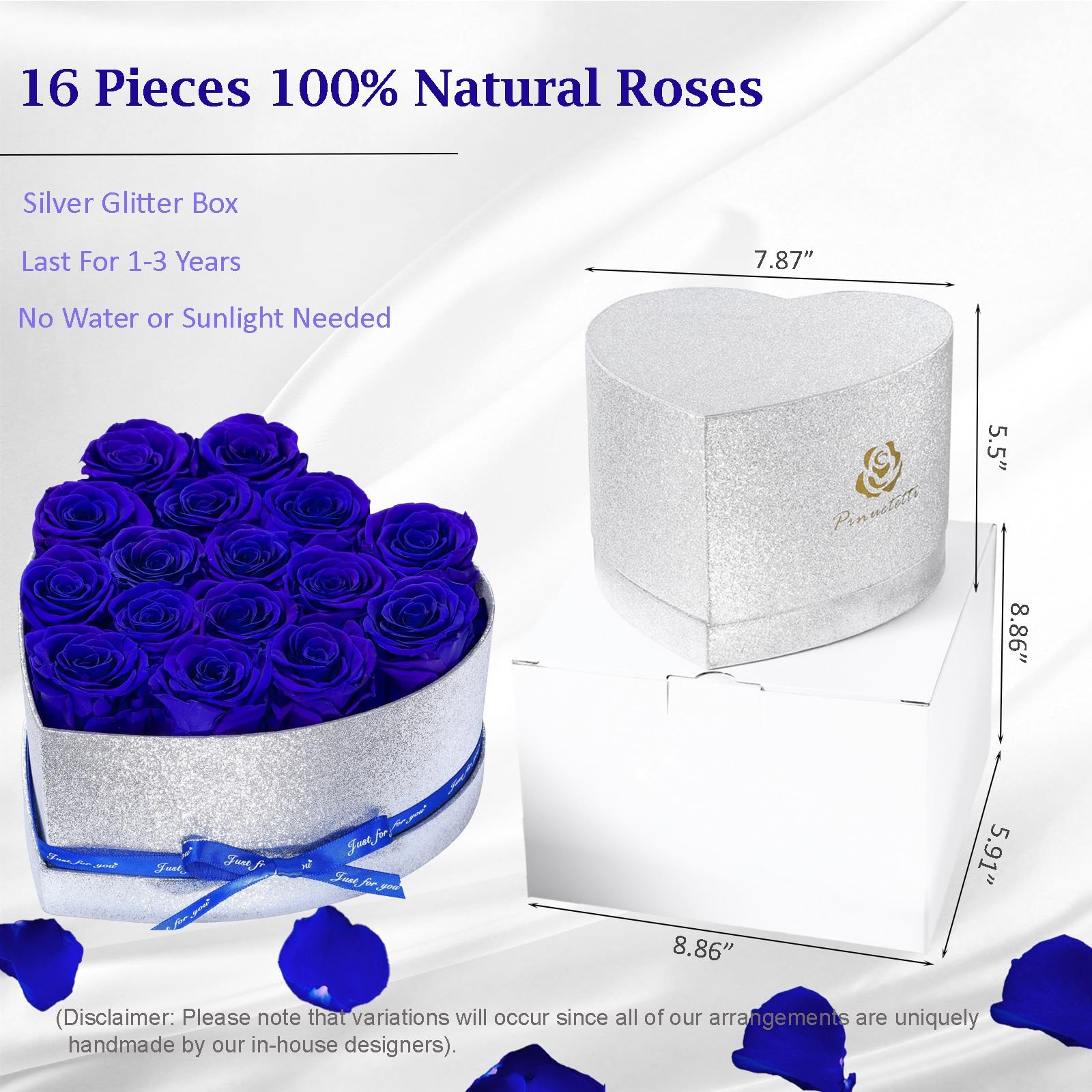Blue 16 PCS Preserved Forever Roses Heart Shape Box Birthday Gift for Women