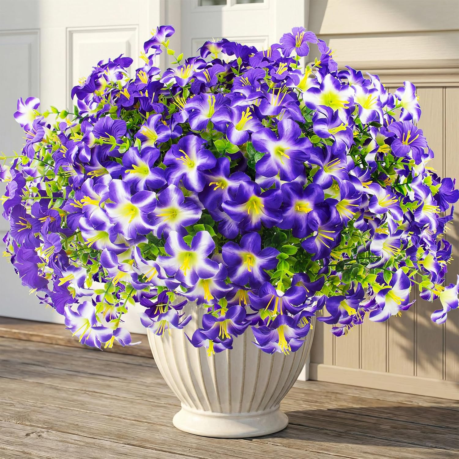 16 Pcs Faux Petunias Artificial Flowers for Outdoors, UV Resistant Fake Purple P