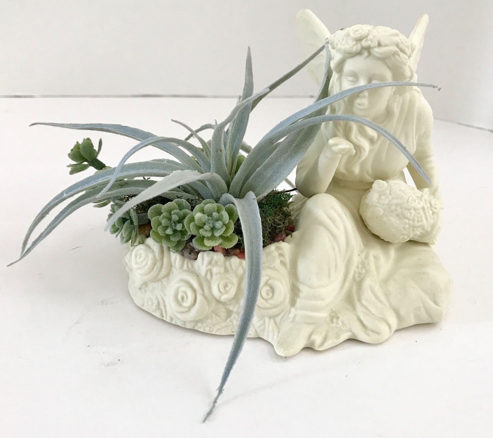 Decorative Ceramic White Seated Angel with Flower Basket Green Grass Succulent